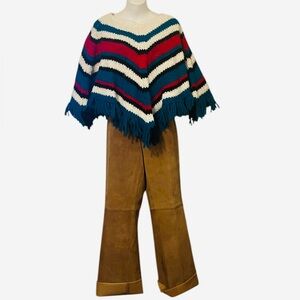 Handmade Vintage Knit Striped Fringe Poncho Sweater